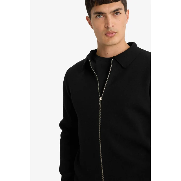 Defacto D3592AXBK27 Siyah Standart Fit Polo Yaka Basic Düz Fermuarlı Triko Hırka