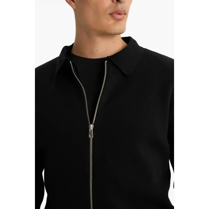 Defacto D3592AXBK27 Siyah Standart Fit Polo Yaka Basic Düz Fermuarlı Triko Hırka