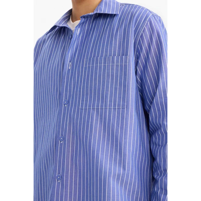 Defacto G6194AXBE410 Mavi Boxy Fit Çizgili Uzun Kollu Gömlek