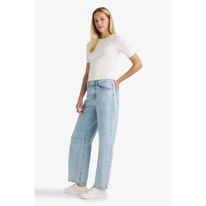 Defacto F6102AXNM39 Mavi Barrel Fit Normal Bel Bilek Boy Jean Yıkamalı Pantolon