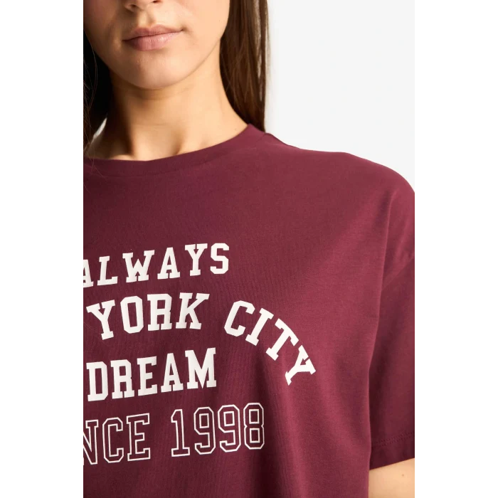 Defacto E9741AXBR98 Bordo Oversize Geniş Kalıp Bisiklet Yaka Baskılı Kısa Kollu Tişört