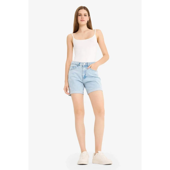 Defacto E0934AXNM39 Mavi Boyfriend Yüksek Bel Duble Paça Jean Şort