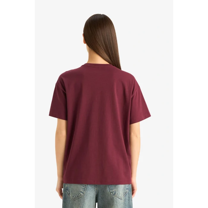 Defacto E9741AXBR98 Bordo Oversize Geniş Kalıp Bisiklet Yaka Baskılı Kısa Kollu Tişört