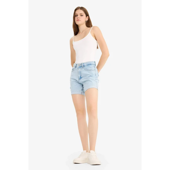 Defacto E0934AXNM39 Mavi Boyfriend Yüksek Bel Duble Paça Jean Şort