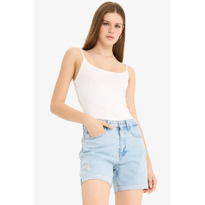 Defacto E0934AXNM39 Mavi Boyfriend Yüksek Bel Duble Paça Jean Şort
