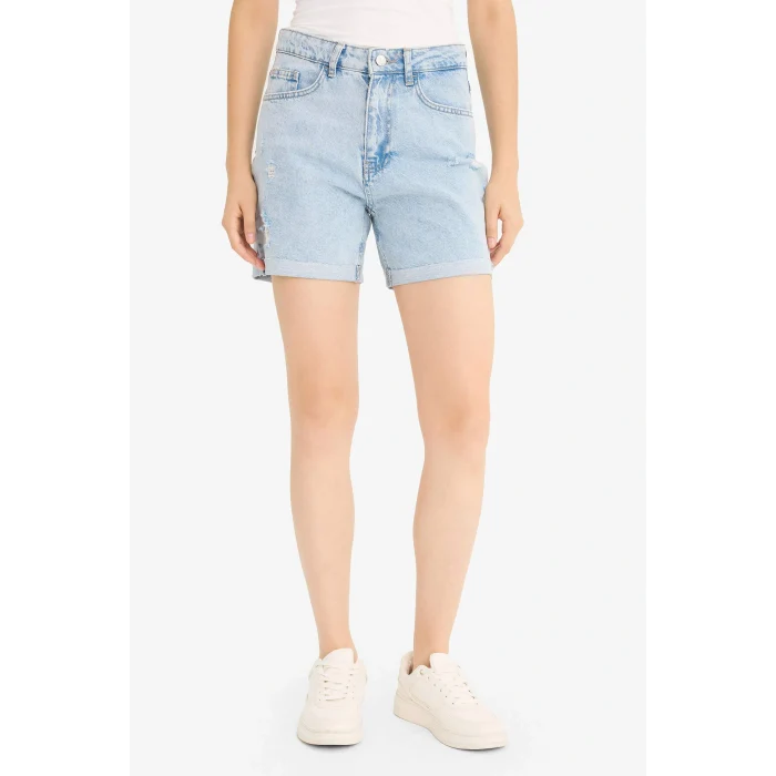 Defacto E0934AXNM39 Mavi Boyfriend Yüksek Bel Duble Paça Jean Şort