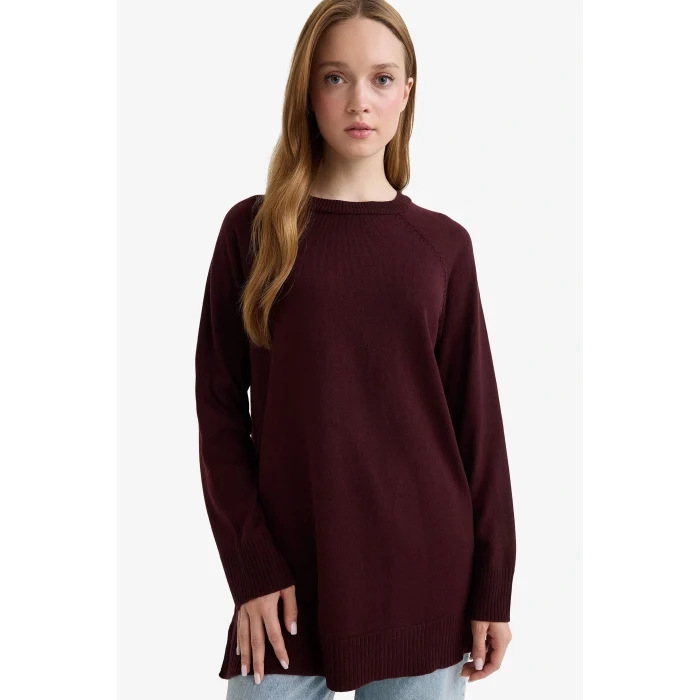 Defacto C4474AXBR174 Bordo Regular Fit Bisiklet Yaka Basic Düz Triko Kazak Tunik