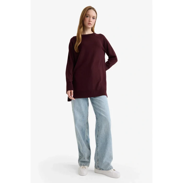 Defacto C4474AXBR174 Bordo Regular Fit Bisiklet Yaka Basic Düz Triko Kazak Tunik