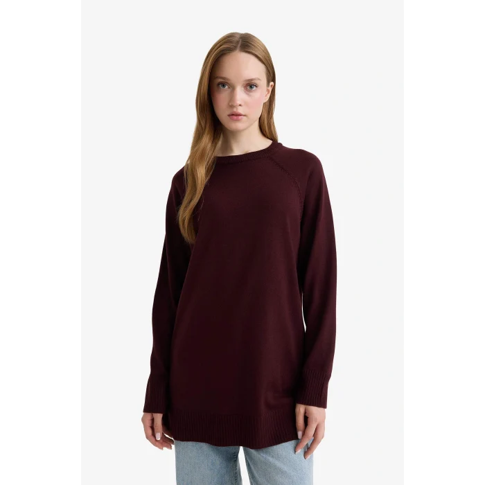 Defacto C4474AXBR174 Bordo Regular Fit Bisiklet Yaka Basic Düz Triko Kazak Tunik