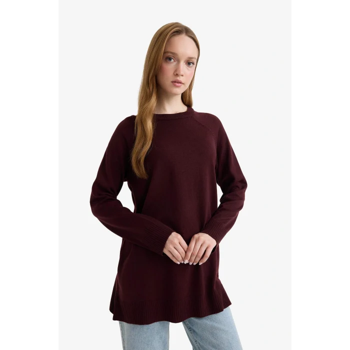 Defacto C4474AXBR174 Bordo Regular Fit Bisiklet Yaka Basic Düz Triko Kazak Tunik