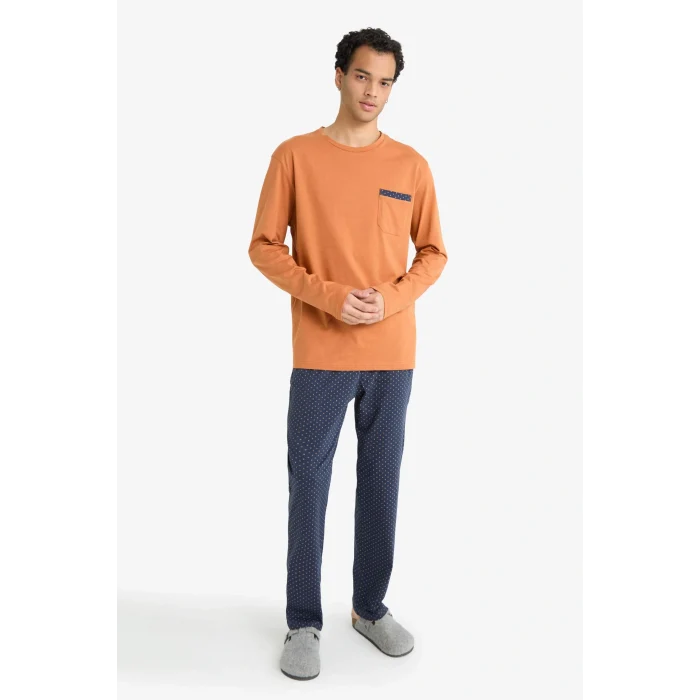 Defacto G2645AXNV135 Lacivert Pijama Takımı Regular Fit Uzun Kollu Üst Uzun Alt