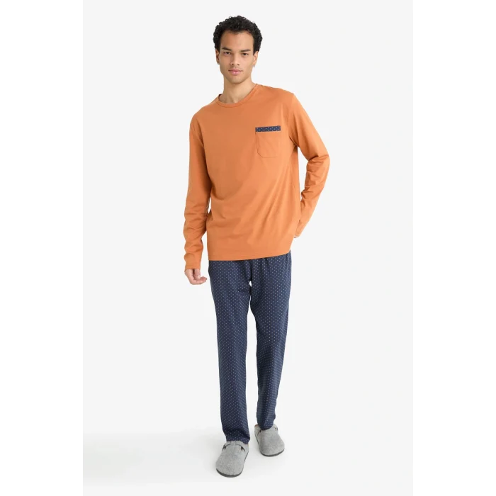 Defacto G2645AXNV135 Lacivert Pijama Takımı Regular Fit Uzun Kollu Üst Uzun Alt