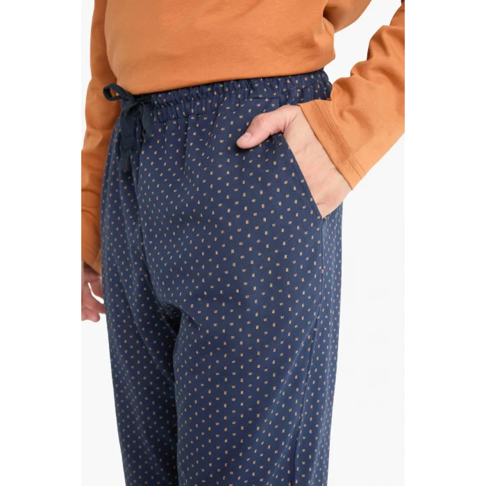 Defacto G2645AXNV135 Lacivert Pijama Takımı Regular Fit Uzun Kollu Üst Uzun Alt