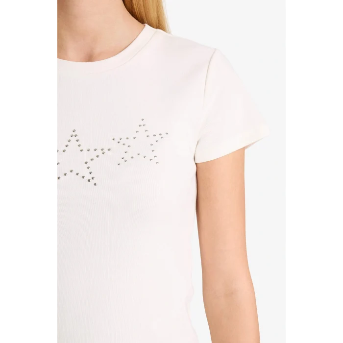 Defacto G2770AXWT32 Beyaz Coool Fitted Yıldız Desenli Ribana Kısa Kollu Tişört
