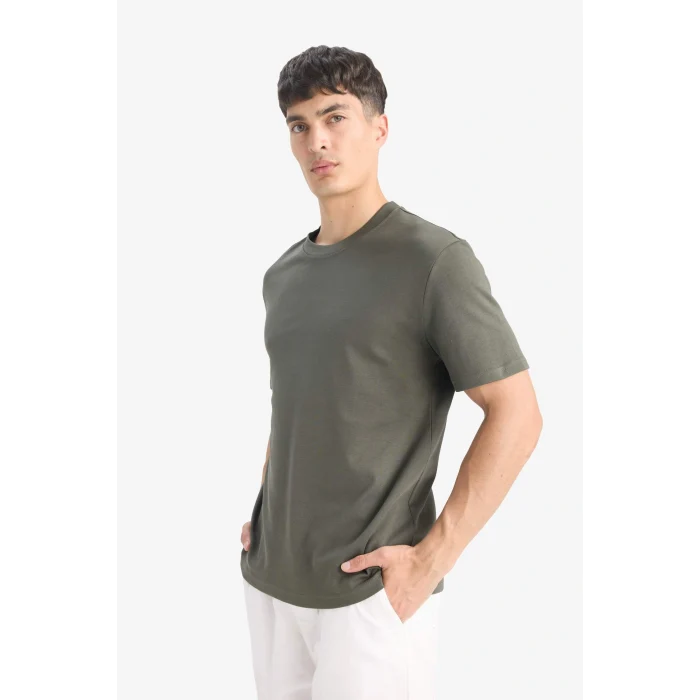 Defacto E7961AXKH444 Haki %100 Pamuk Regular Fit Bisiklet Yaka Basic Düz Kısa Kollu Tişört