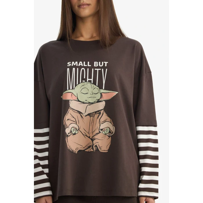 Defacto F8917AXBN130 Kahve Coool Star Wars Oversize Geniş Kalıp Bisiklet Yaka Uzun Kollu Tişört