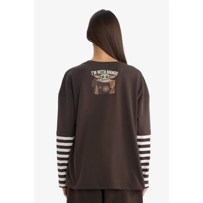 Defacto F8917AXBN130 Kahve Coool Star Wars Oversize Geniş Kalıp Bisiklet Yaka Uzun Kollu Tişört