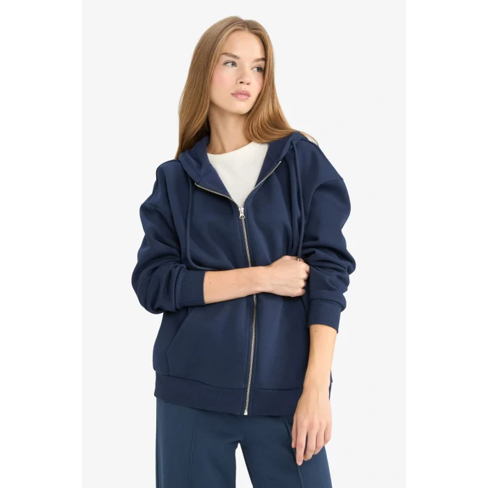 Defacto V4233AZNV256 Lacivert Oversize Geniş Kalıp Kapüşonlu Fermuarlı Sweatshirt