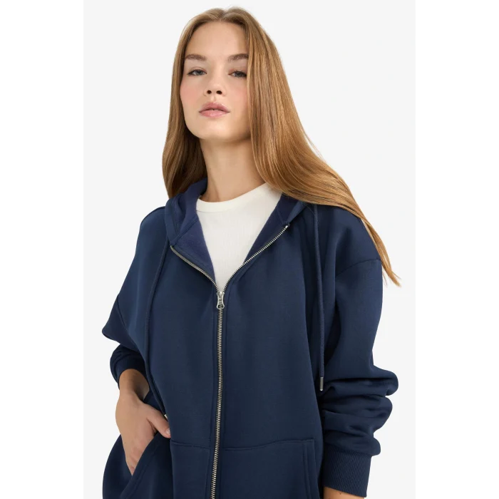 Defacto V4233AZNV256 Lacivert Oversize Geniş Kalıp Kapüşonlu Fermuarlı Sweatshirt