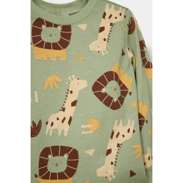 Defacto G4402A5GN270 Yeşil Erkek Bebek Pijama Takımı Safari Baskılı Uzun Kollu Penye Üst Uzun Alt
