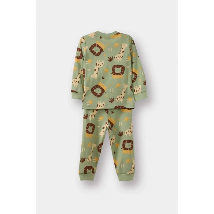 Defacto G4402A5GN270 Yeşil Erkek Bebek Pijama Takımı Safari Baskılı Uzun Kollu Penye Üst Uzun Alt