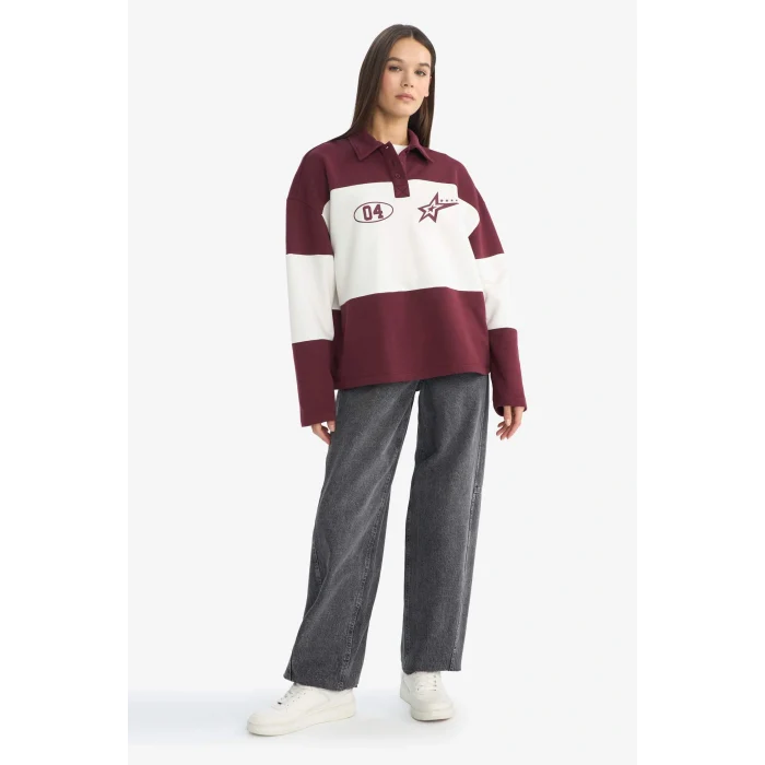 Defacto G3882AXBR115 Bordo Coool Regular Fit Polo Yaka Sırt Baskılı Sweatshirt
