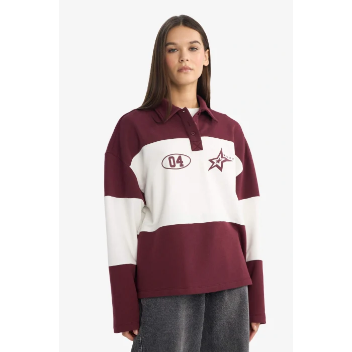 Defacto G3882AXBR115 Bordo Coool Regular Fit Polo Yaka Sırt Baskılı Sweatshirt