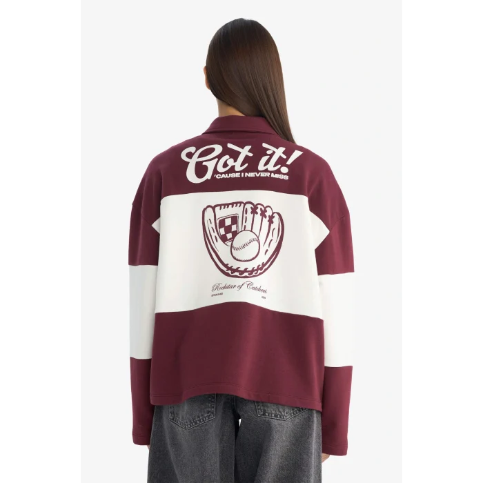 Defacto G3882AXBR115 Bordo Coool Regular Fit Polo Yaka Sırt Baskılı Sweatshirt