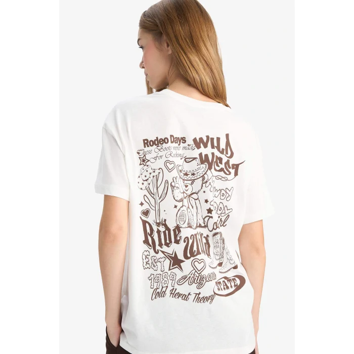 Defacto G3264AXWT32 Beyaz Coool Oversize Geniş Kalıp Bisiklet Yaka Baskılı Kısa Kollu Tişört