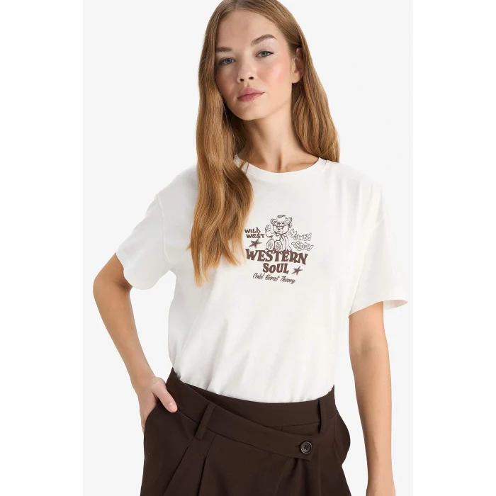 Defacto G3264AXWT32 Beyaz Coool Oversize Geniş Kalıp Bisiklet Yaka Baskılı Kısa Kollu Tişört