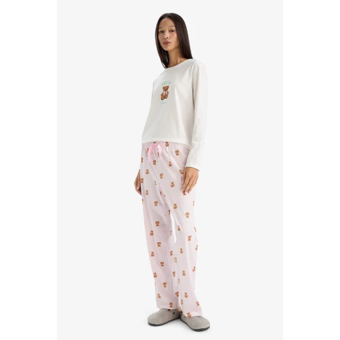 Defacto G3346AXPN648 Pembe Pijama Takımı Regular Fit Ayı Baskılı Uzun Kollu Üst Desenli Uzun Alt-Fall in Love