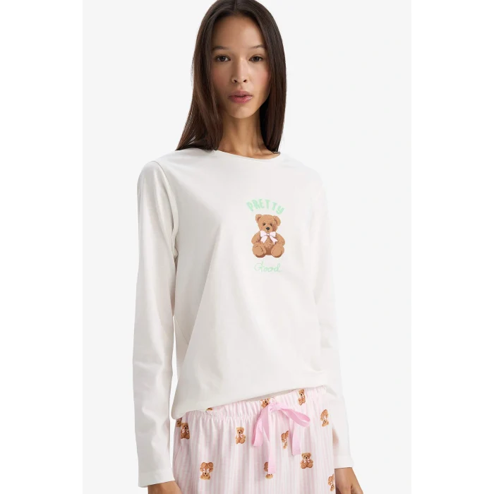 Defacto G3346AXPN648 Pembe Pijama Takımı Regular Fit Ayı Baskılı Uzun Kollu Üst Desenli Uzun Alt-Fall in Love