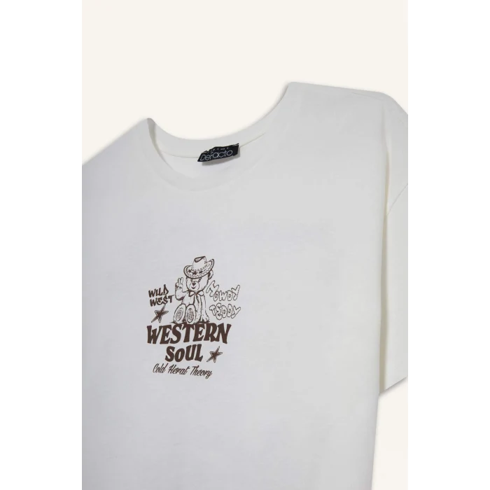 Defacto G3264AXWT32 Beyaz Coool Oversize Geniş Kalıp Bisiklet Yaka Baskılı Kısa Kollu Tişört