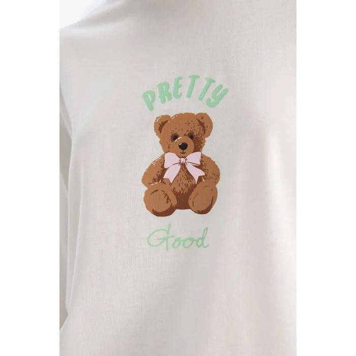 Defacto G3346AXPN648 Pembe Pijama Takımı Regular Fit Ayı Baskılı Uzun Kollu Üst Desenli Uzun Alt-Fall in Love