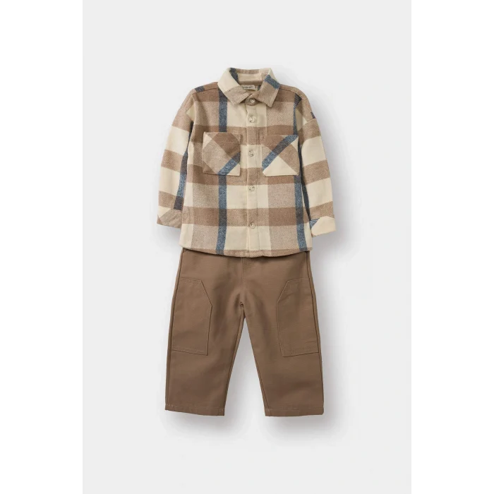 Defacto G3226A5ER118 Ekru Erkek Bebek 2li Takım Kareli Flanel Gömlek Pantolon