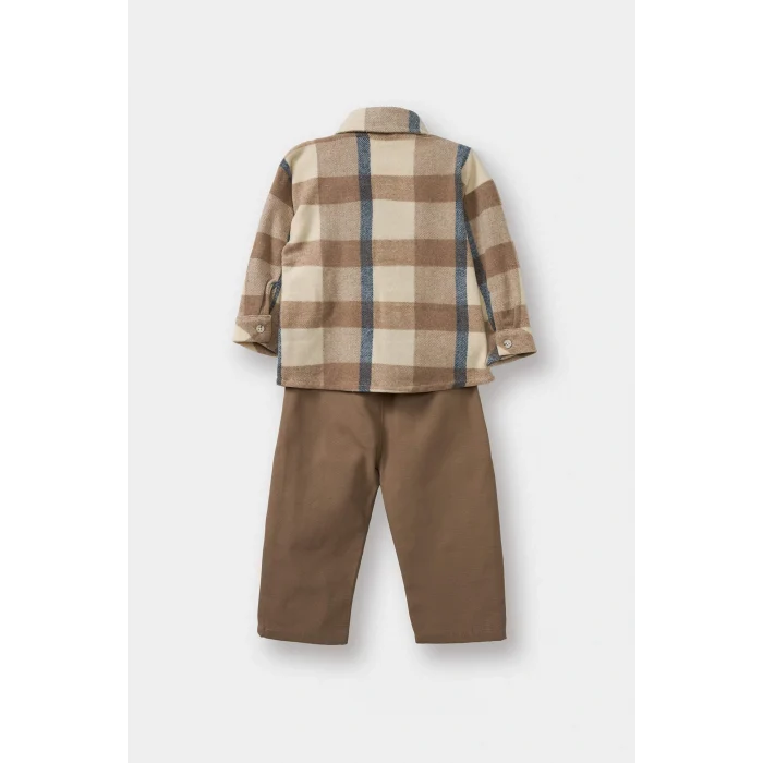 Defacto G3226A5ER118 Ekru Erkek Bebek 2li Takım Kareli Flanel Gömlek Pantolon