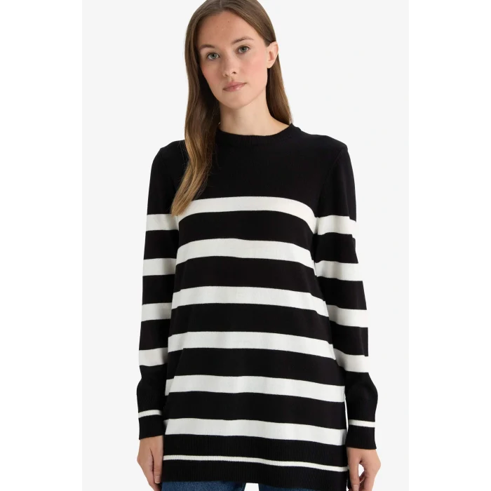 Defacto C6031AXBK81 Siyah Regular Fit Bisiklet Yaka Çizgili Kazak Tunik