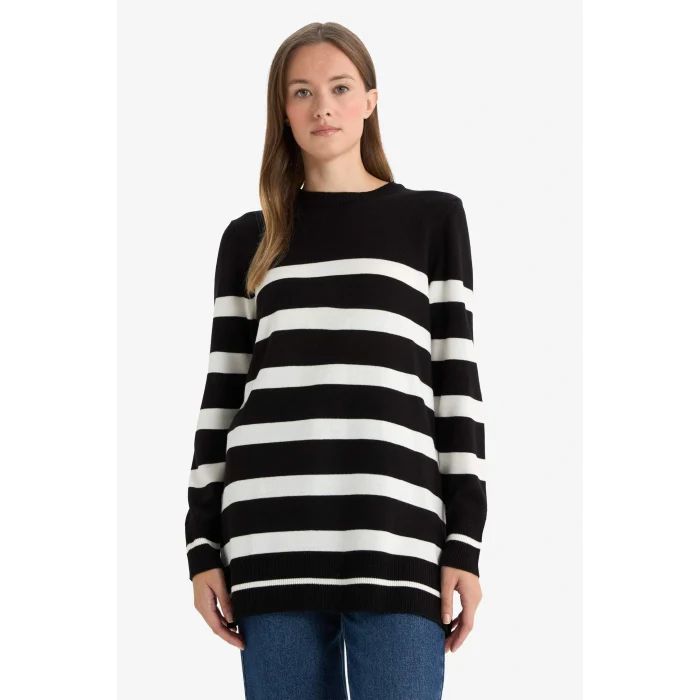 Defacto C6031AXBK81 Siyah Regular Fit Bisiklet Yaka Çizgili Kazak Tunik