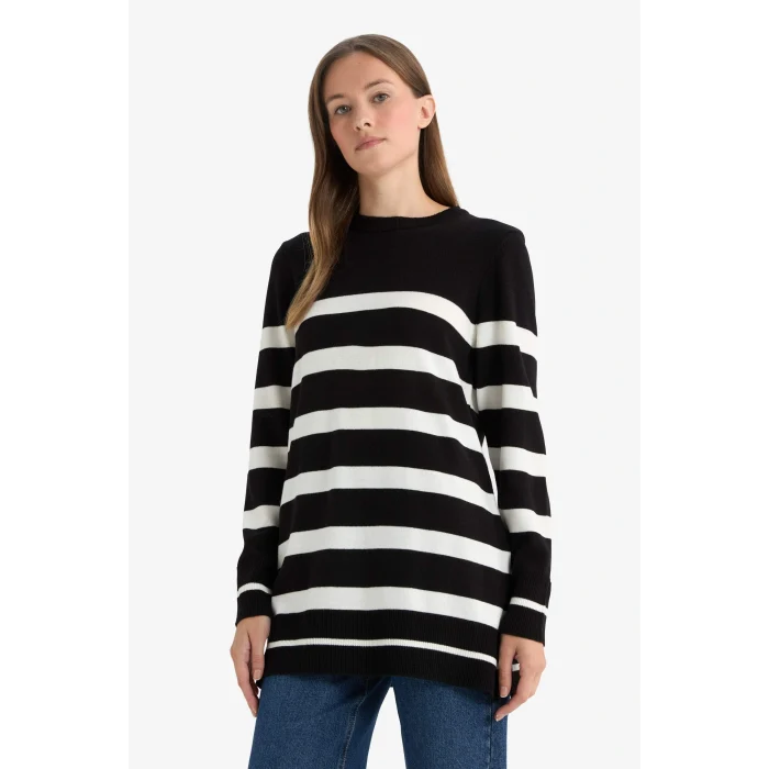 Defacto C6031AXBK81 Siyah Regular Fit Bisiklet Yaka Çizgili Kazak Tunik