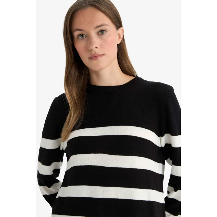 Defacto C6031AXBK81 Siyah Regular Fit Bisiklet Yaka Çizgili Kazak Tunik