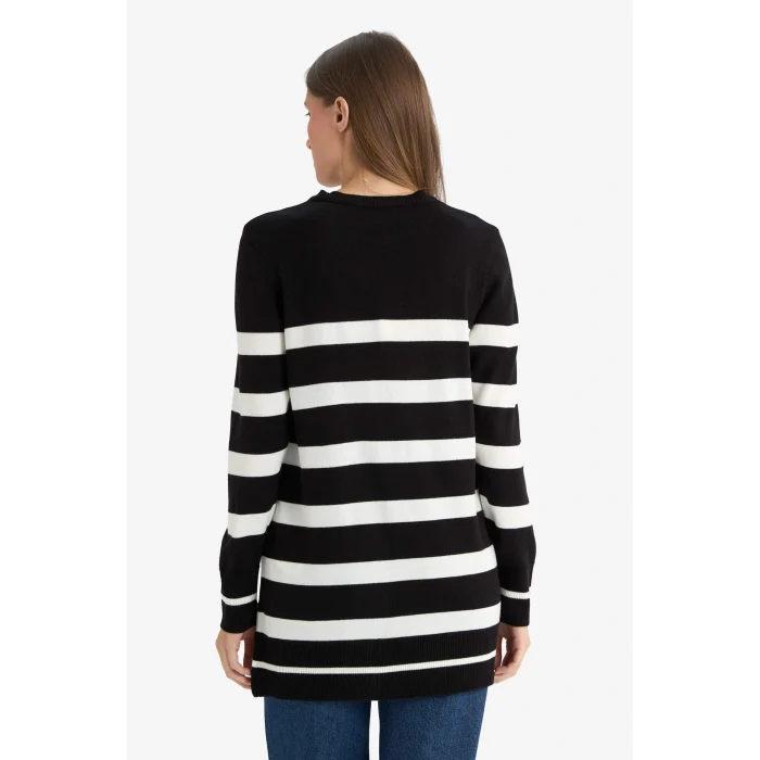 Defacto C6031AXBK81 Siyah Regular Fit Bisiklet Yaka Çizgili Kazak Tunik