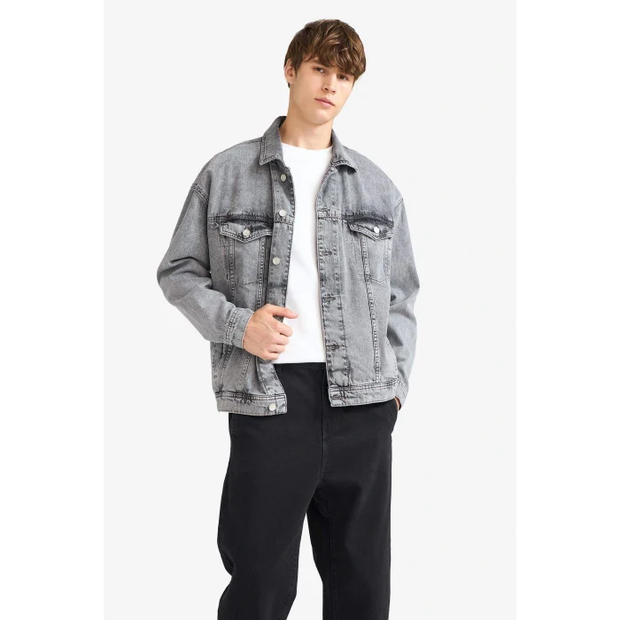 Defacto F4736AXNM18 Gri Oversize Geniş Kalıp Düğmeli Denim Ceket