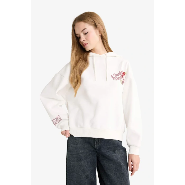 Defacto G3878AXWT47 Beyaz Oversize Geniş Kalıp Kapüşonlu Sırt Baskılı Sweatshirt