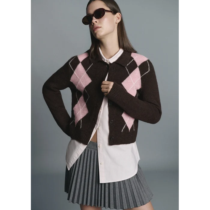 Mavi 1710825-70244 Yün Karışımlı Baklava Desenli Kahverengi Hırka