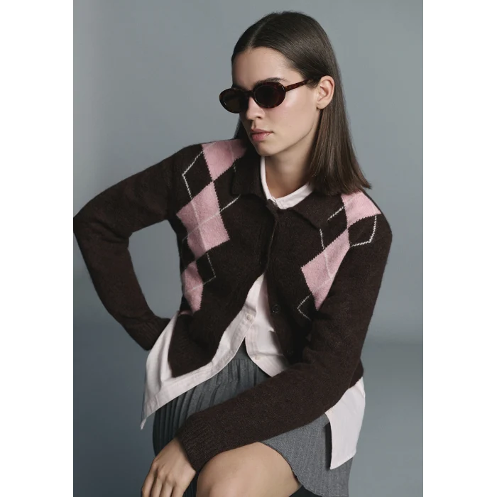 Mavi 1710825-70244 Yün Karışımlı Baklava Desenli Kahverengi Hırka