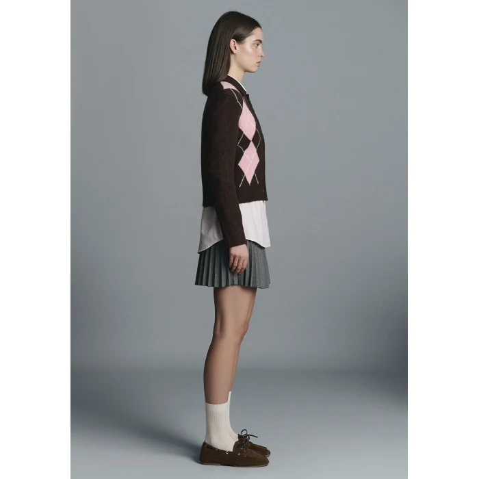 Mavi 1710825-70244 Yün Karışımlı Baklava Desenli Kahverengi Hırka