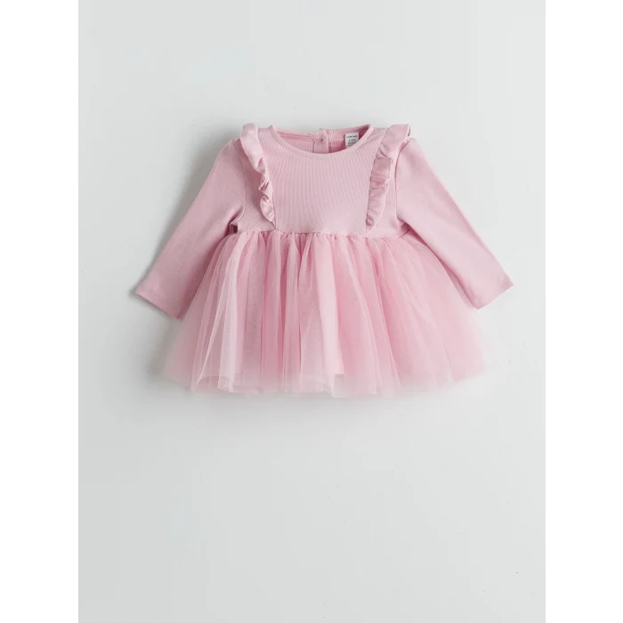 LCW baby Pembe Bisiklet Yaka Tütülü Kız Bebek Elbise