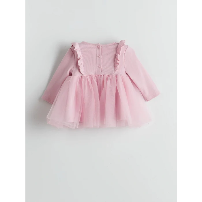 LCW baby Pembe Bisiklet Yaka Tütülü Kız Bebek Elbise