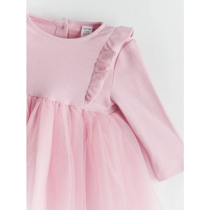 LCW baby Pembe Bisiklet Yaka Tütülü Kız Bebek Elbise