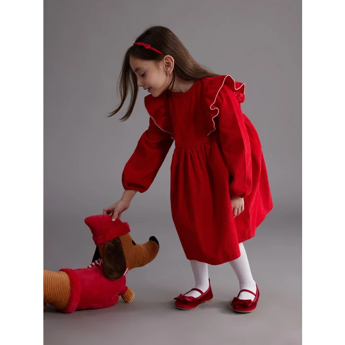 LCW Kids Kırmızı Bisiklet Yaka Kadife Kız Çocuk Elbise